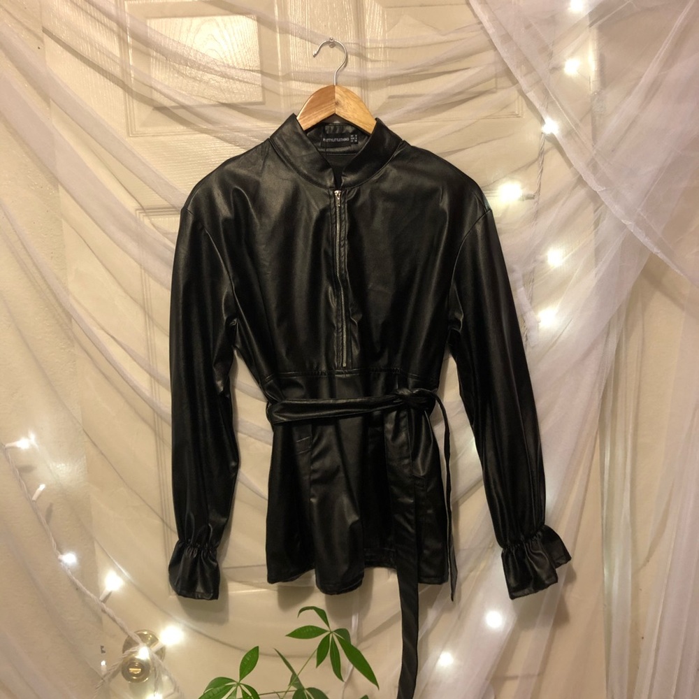 PLT black faux leather zip front belted top